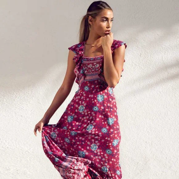 SPELL | Folk Town Frill Maxi Dress in Wine - Picture 4 of 11